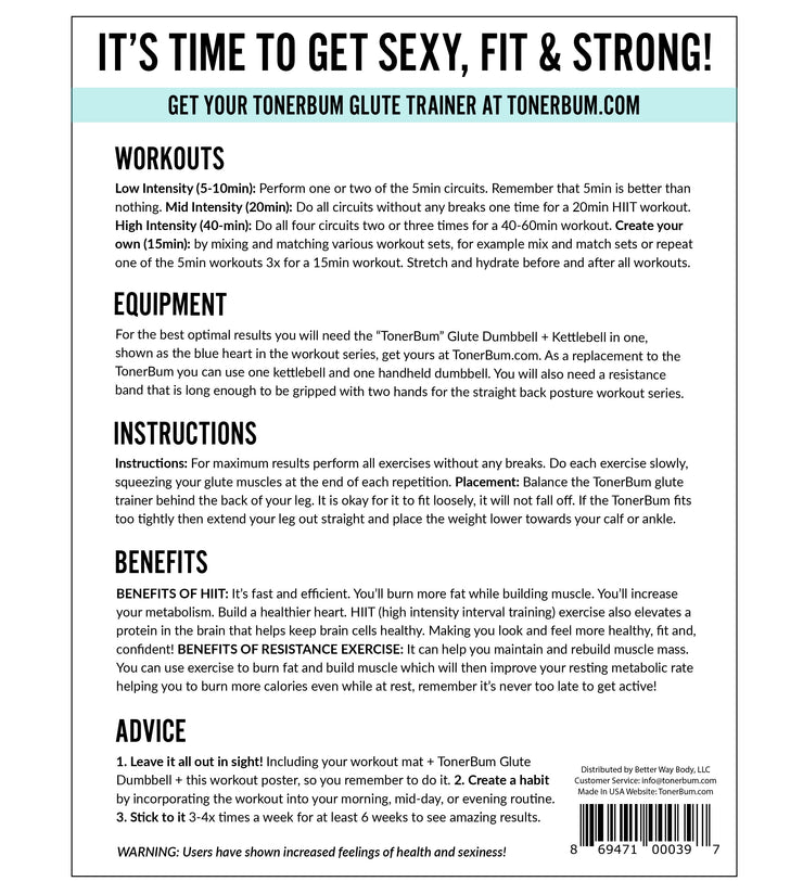 TonerBum™ Glute & Core Workout HIIT Poster - 8.5 x11 in Laminated