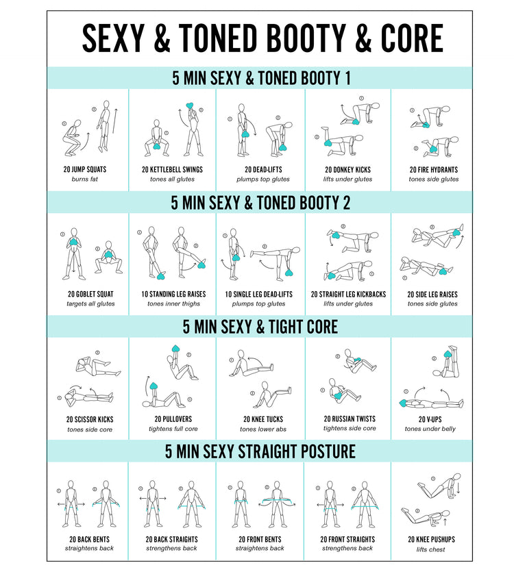 TonerBum Glute Core Workout HIIT Poster 8.5 x11 in Laminated TonerBum Patented Glute Trainer Kettlebell